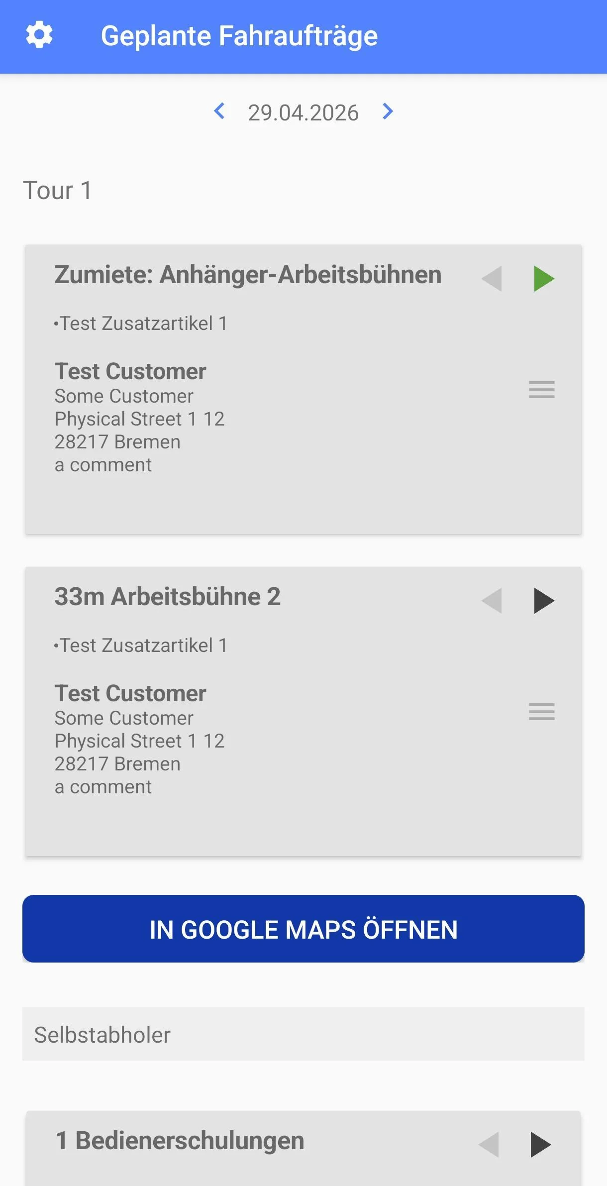MIRA Übergabe app: daily view with planned deliveries per tour and an “Open in Google Maps” button