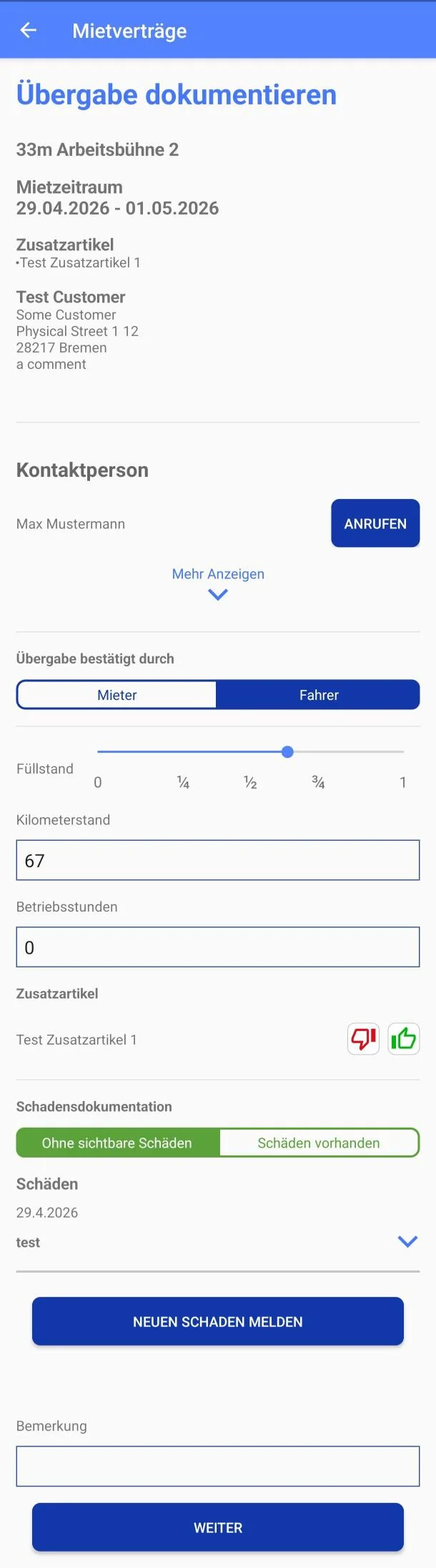 MIRA Übergabe app: handover documentation with rental period, fill level, mileage, damage report and remarks