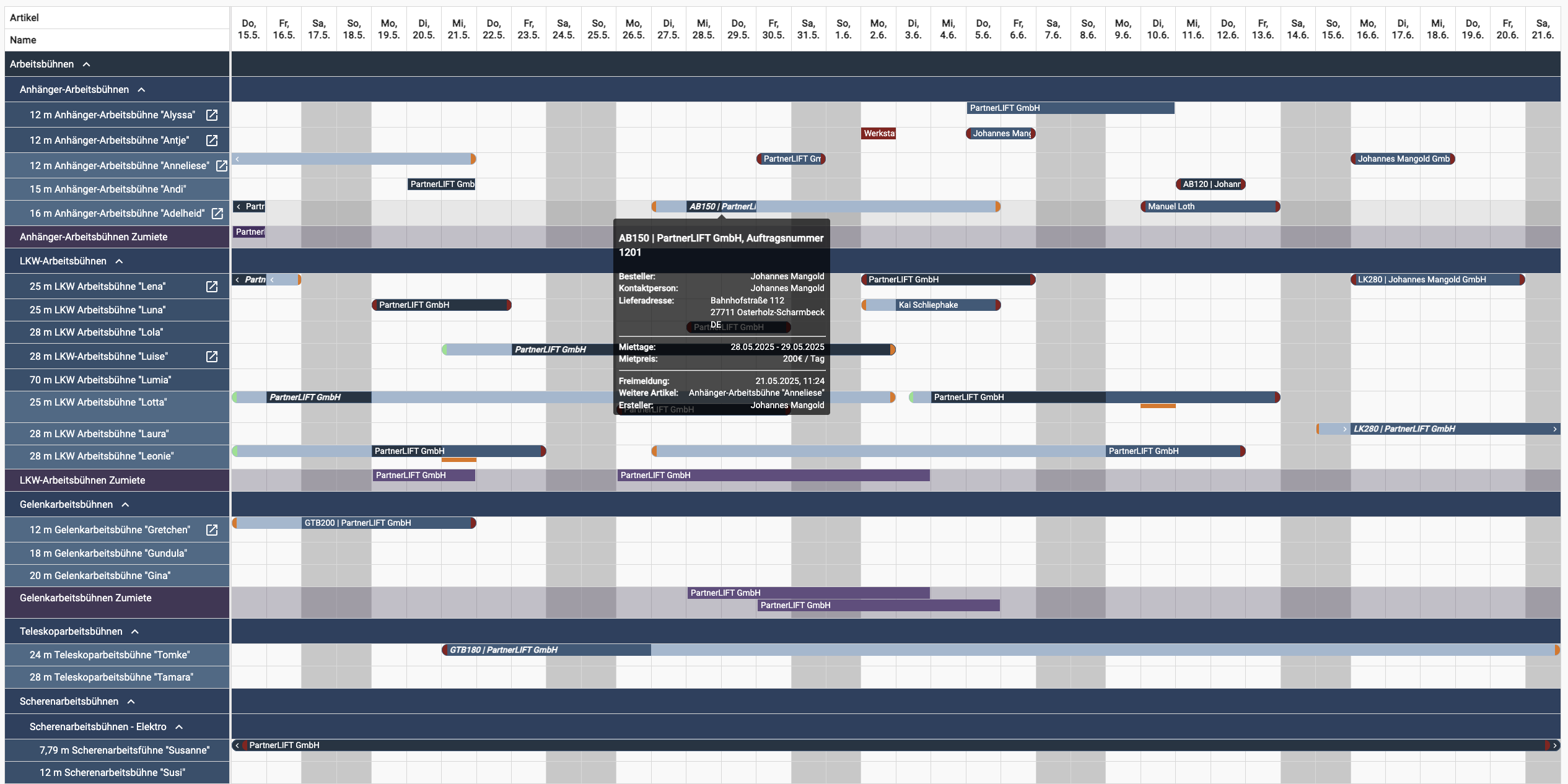 MIRA Dispoplan: Gantt-artiger Kalender mit Maschinen-Zeilen, farbigen Buchungs-Balken und Auftragsdetail-Tooltip