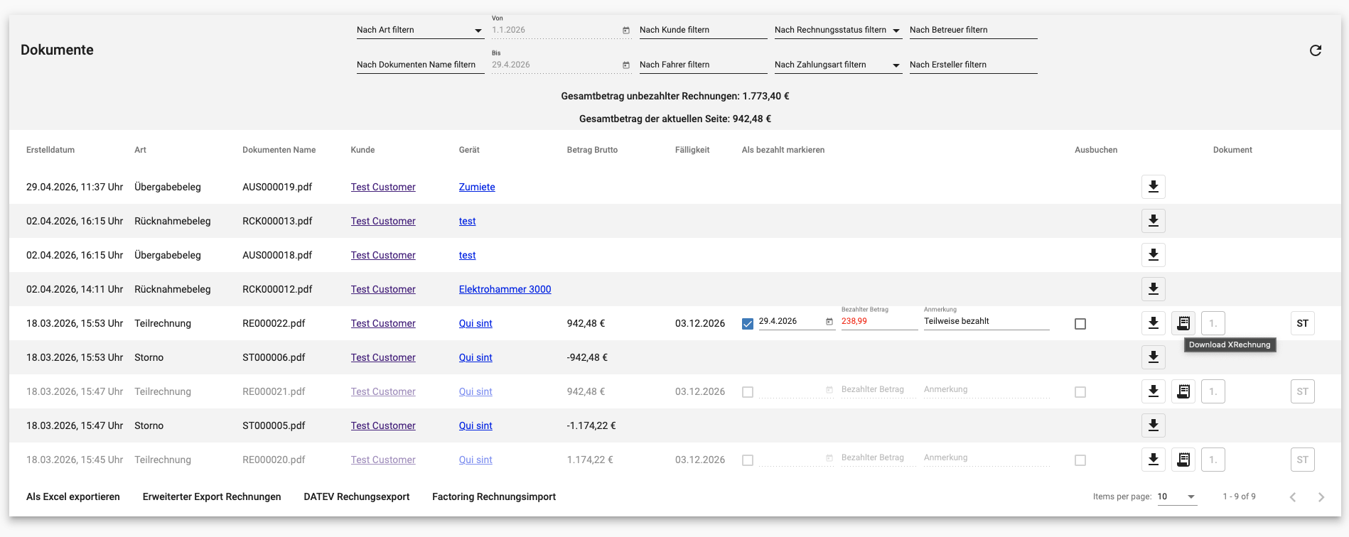 MIRA Dokumente-Ansicht: Liste mit Übergabebelegen, Rücknahmebelegen, Teilrechnungen, Stornos, Download-Button für XRechnung sowie DATEV-Rechnungsexport