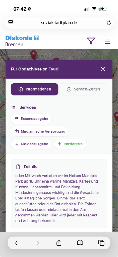 Detailansicht eines Angebots: „Für Obdachlose on Tour“ mit Service-Symbolen und Beschreibung