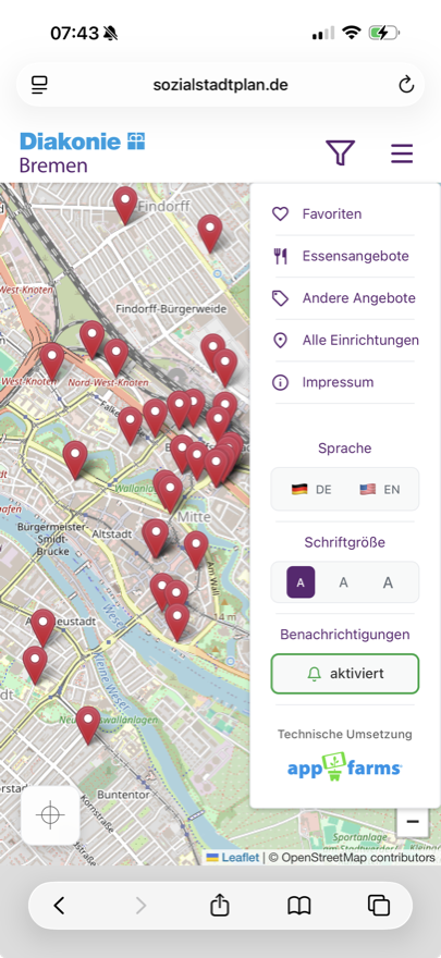 Seitenmenü mit Sprachwahl, Schriftgrößen-Anpassung und Push-Benachrichtigungen