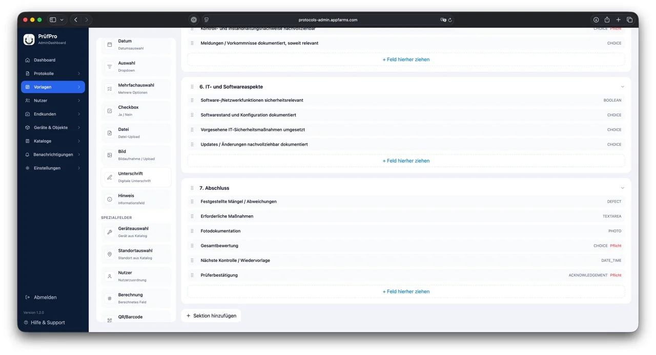 Vorlageneditor mit konfigurierbaren Feldern und Abschnitten einer Prüfung